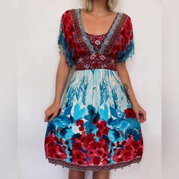 Silk Boho Tracy Reese Anthropologie Beaded Tassel Flutter Sleeve Mini Dress - Picture 1 of 10